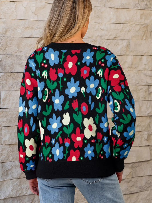 Floral Print V Neck Buttoned Cardigan