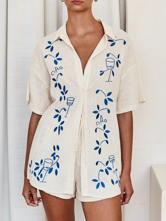 Embroidered Button Up Half Sleeve Top and Shorts Set