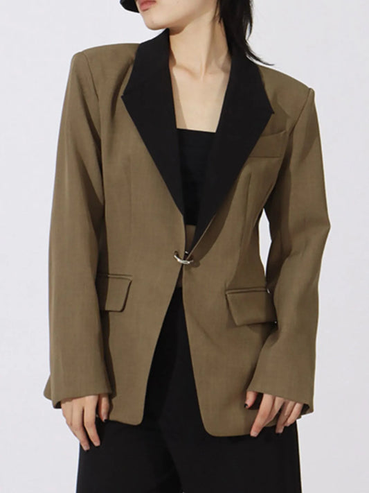 Contrast Lapel Collar Long Sleeve Blazer