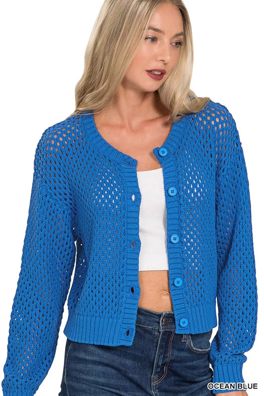 Zenana Button Down Lightweight Crochet Cardigan Sweater