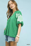 Umgee Embroidered Balloon Sleeve Notch Neck Blouse