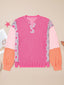 Corded Texture Plaid Color Block Patchwork Split Neck Long Sleeve Top