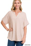 Zenana Woven Airflow Split Neck Short Sleeve Top