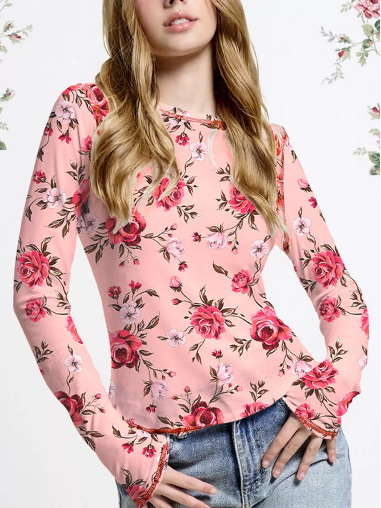 Floral Print Exposed Seam Detail Mesh Long Sleeve Top