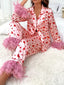 Heart Print Button Up Top and Pants Lounge Set