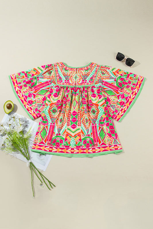 Plus Size Printed Round Neck Half Sleeve Blouse