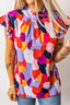 Frill Printed Mock Neck Cap Sleeve Blouse