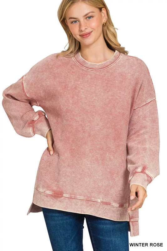 Zenana Full Size Acid Washed Double Ribbed Hi-low Sweatshirt Plus Size