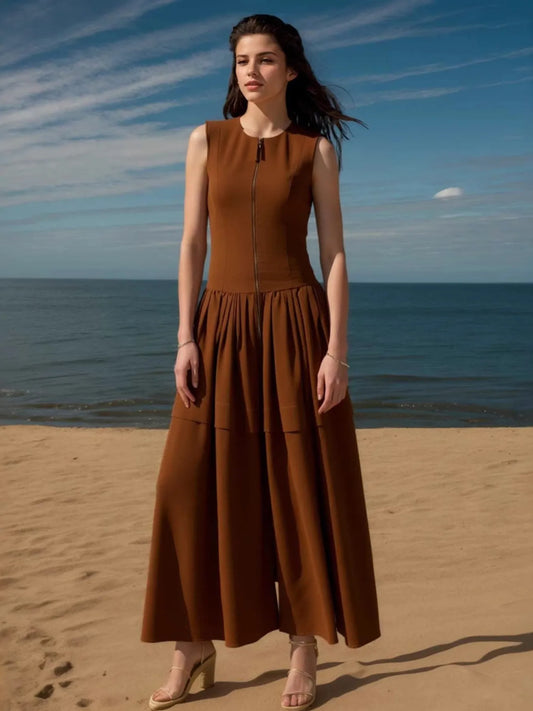 Zip Front Round Neck Sleeveless Dress