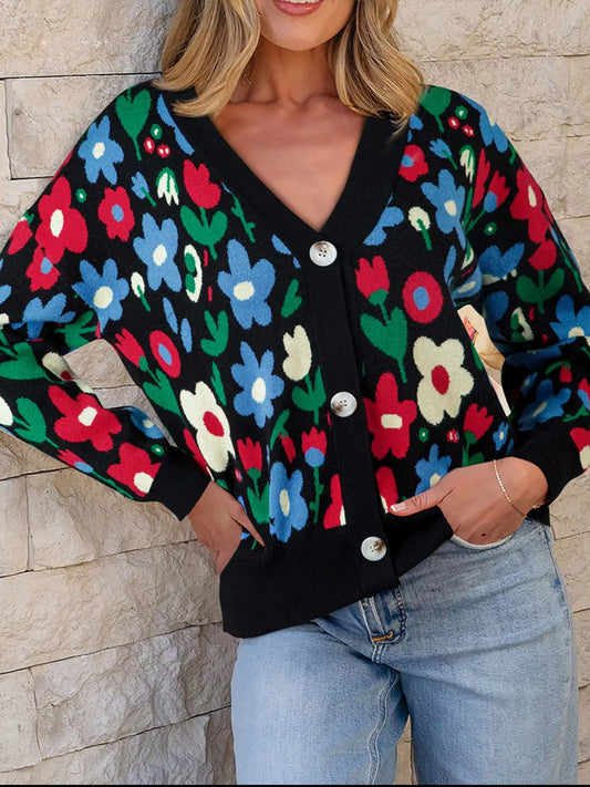 Floral Print V Neck Buttoned Cardigan