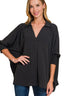 Zenana Airflow Collar Tee with Smocked Sleeve Band Top