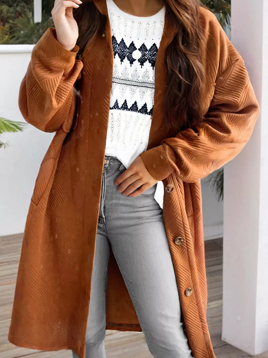 Textured Collared Drop Shoulder Buttoned Front Coat