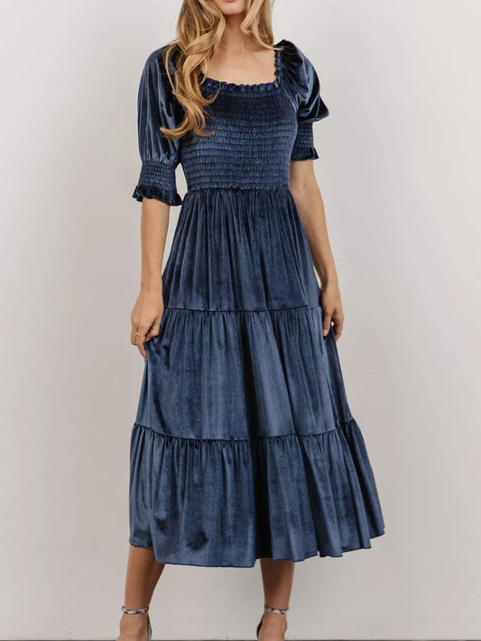 Velvet Smocked Tiered Midi Dress
