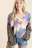 BiBi Tie Dye Terry Top with Leopard Puff Sleeves