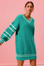 SO ME Loose V Neck Sweater Dress with Striped Sleeves