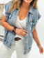Button Flap Pocket Frayed Detail Denim Vest
