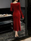 Velvet Cowl Neck Long Sleeve Midi Dress