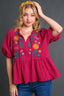 Umgee Full Size Cotton Gauze Floral Embroidery Babydoll Blouse Plus Size