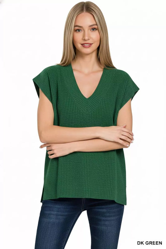 Zenana Ribbed Slit V-Neck Sweater Vest