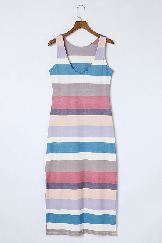 Striped Slit Sleeveless Maxi Dress