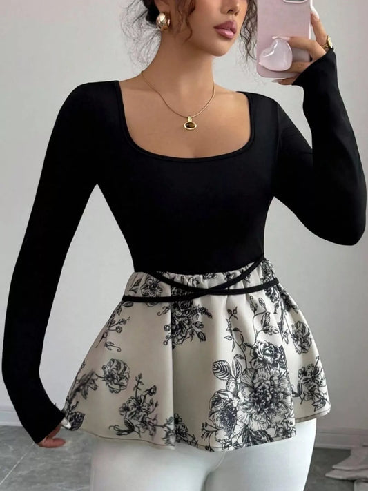 Floral Print Peplum Hem Long Sleeve Top