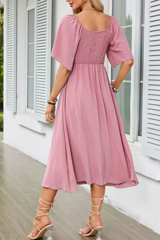 Smocked Tie Front Flutter Sleeve Midi Dress