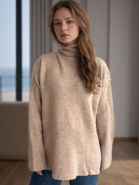 Side Slit Turtleneck Long Sleeve Sweater