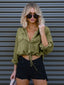 Drawstring Pocketed Button Up Denim Top