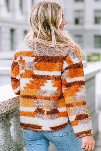 Fuzzy Contrast Snap Down Long Sleeve Jacket