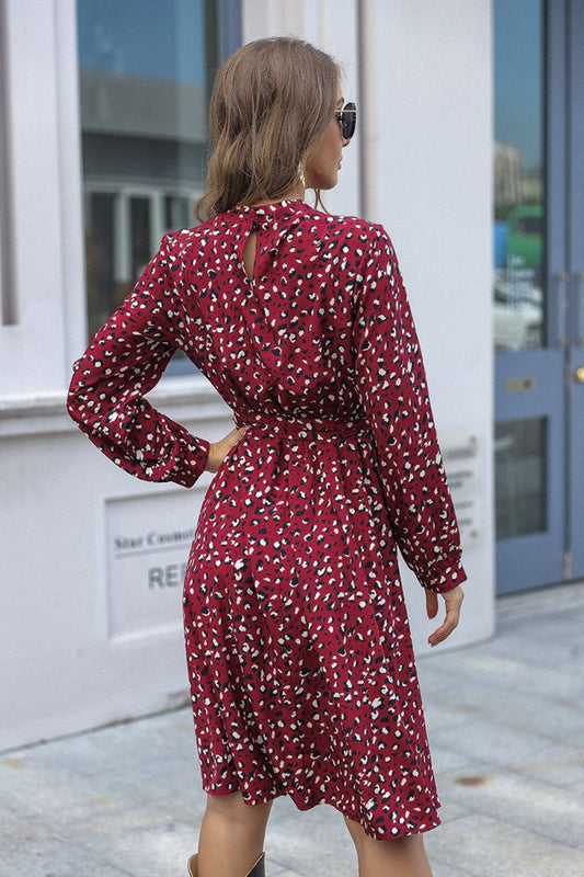 Animal Print Tie-Waist Keyhole Long Sleeve Dress