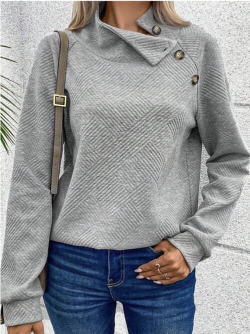 Buttoned Mock Neck Long Sleeve Sweatshirt