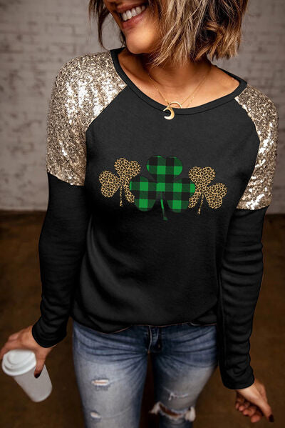 Lucky Clover Sequin Round Neck T-Shirt