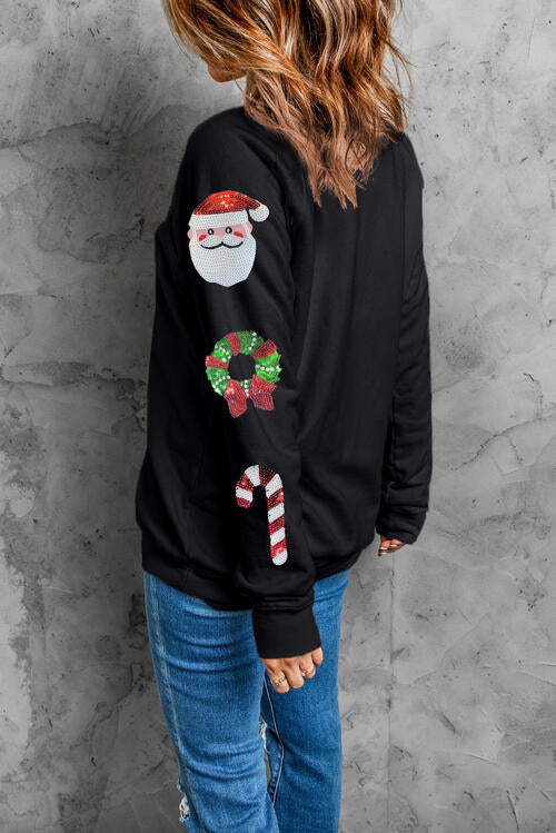 Sequin Christmas Element  Round Neck Sweatshirt