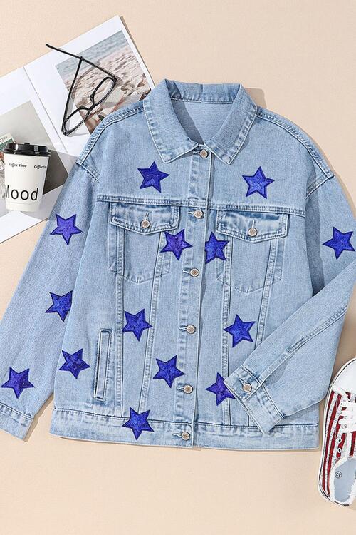 Pocketed Geometric Collared Neck Denim Jacket