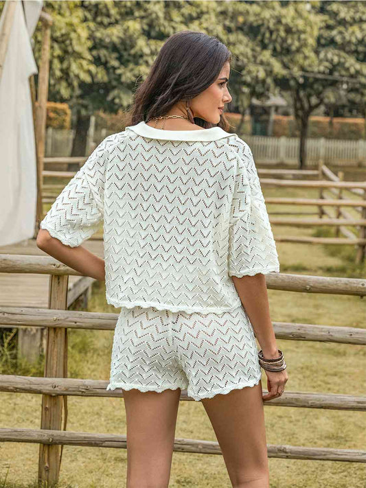 Eyelet Collared Neck Short Sleeve Top and Shorts Set