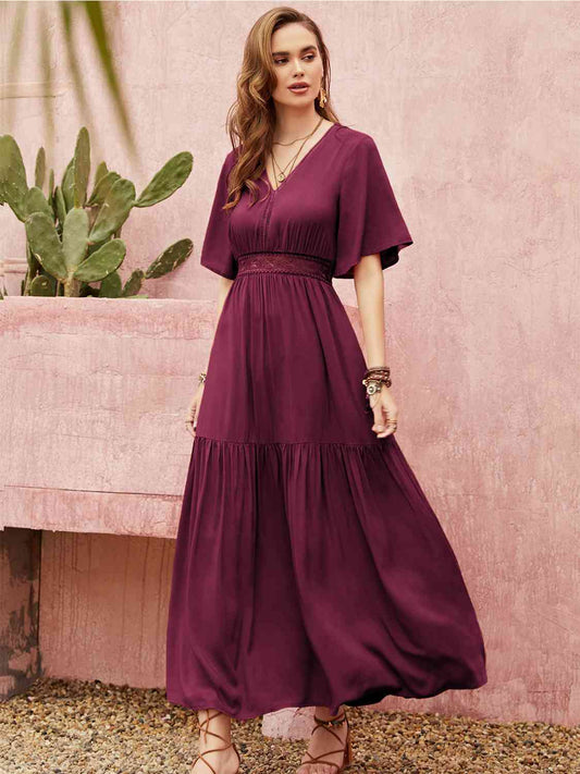 Openwork V-Neck Flare Sleeve Ruched Dress