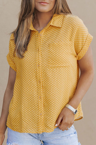 Polka Dot Pocketed Button Up Short Sleeve Shirt