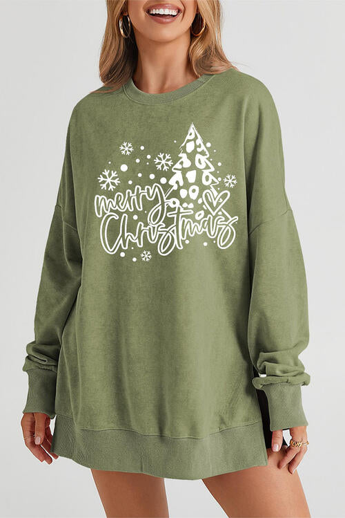 MERRY CHRISTMAS Round Neck Long Sleeve Slit Sweatshirt