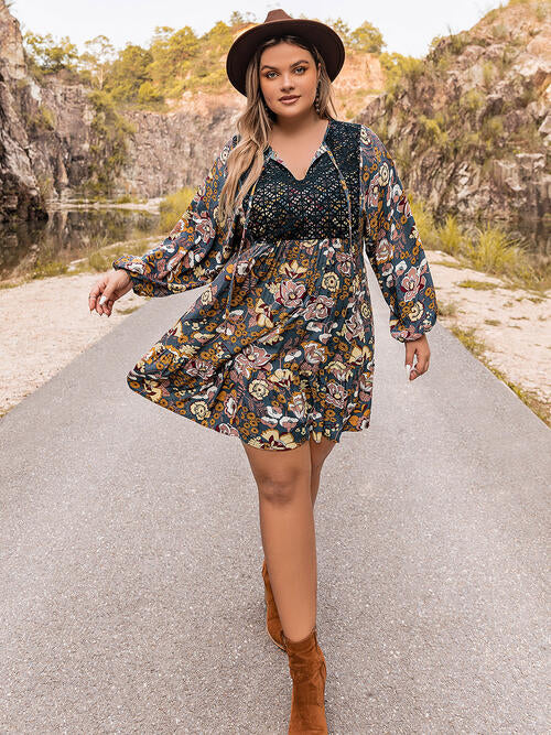 Plus Size Floral Tie Neck Balloon Sleeve Mini Dress