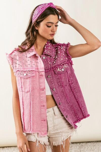 BiBi Pearl & Rhinestone  Decor Contrast Raw Hem Vest Coat