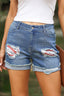 Printed Patch Raw Hem Denim Shorts