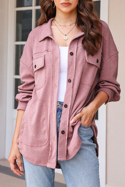 Button Up Pocketed Dropped Shoulder Jacket