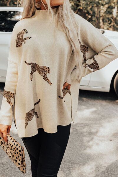 Animal Pattern Mock Neck Long Sleeve Slit Sweater