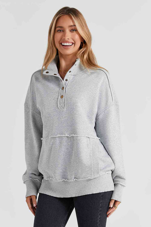 Half Sanp Drop Shoulder Long Sleeve Sweatshirt