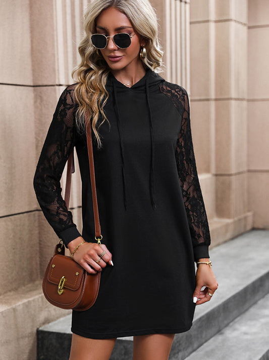 Lace Trim Long Sleeve Hooded Dress