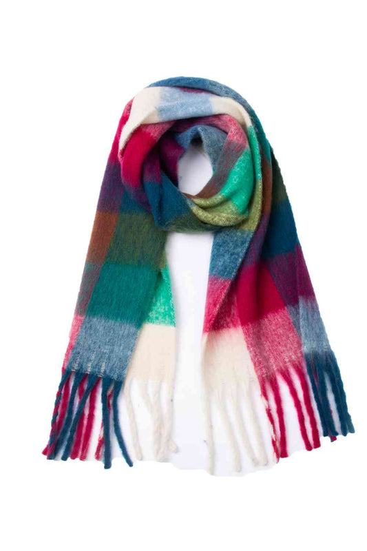 Plaid Fringe Detail Polyester Scarf