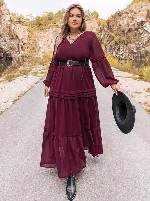 Plus Size Tie Neck Ballon Sleeve Tiered Dress