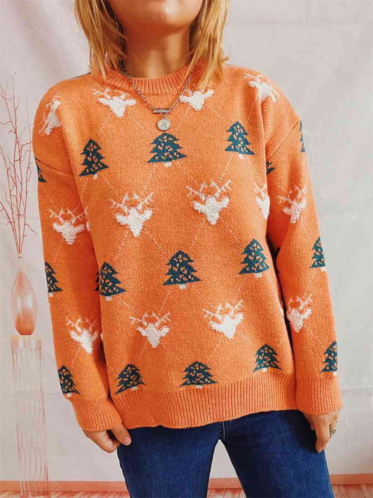 Christmas Tree & Reindeer Round Neck Sweater