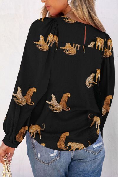 Animal Pattern Round Neck Long Sleeve Blouse