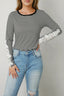 Striped Round Neck Long Sleeve Lace Trim T-Shirt